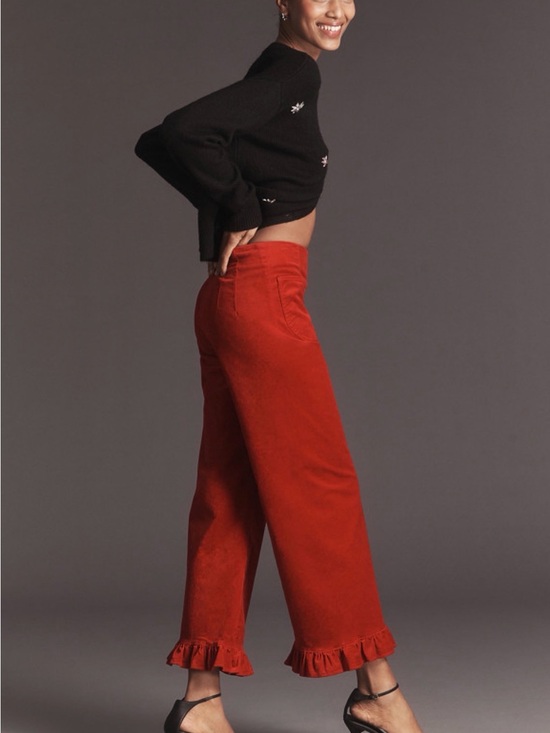 Maeve Pants - Maeve Red Ruffle-Hem Cropped Wide-Leg Pants